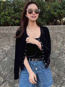 FRIFUL 2pcs Women Velvet Camisole And Cardigan Set - Black - View 6