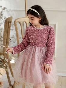 Girls' Sequin & Pearl Decor Tulle Dress With Large Collar, Elegant For Parties, Gatherings, Birthdays, Spring/Summer - Pink - View 7