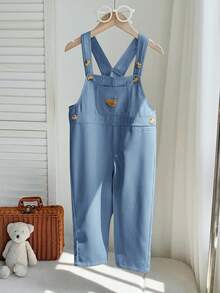 男童休闲舒适百搭可爱小熊图案背带裤 - 霧霾藍 - 查看 7