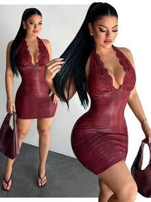 SHEIN SXY Đầm ôm sát cổ chữ V sâu phối ren tương phản dành cho nữ - Màu Đỏ Sâu - Xem 7