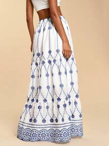 Travachic Women's Blue And White Boho A Line Long Skirt With Ruffle Hem Geometric Pattern Woven Fabric - Blue and White - View 7