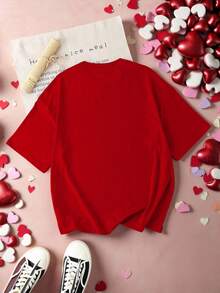 Manfinity Hypemode Men's Casual Heart Print Round Neck Short Sleeve T-Shirt, Summer Couple Twinning Outfits Couple Shirt Matching Red Graphic Tees Couple Clothes Set Red Heart Shirts - Red - View 3