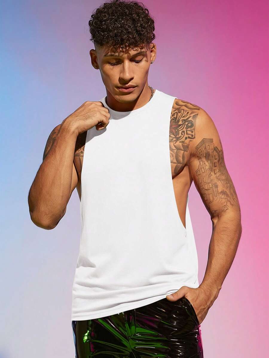 FeverCity Áo tank top nam trơn màu, tối giản, cổ tròn, không tay, chất liệu dệt kim, thích hợp mặc hàng ngày. - trắng - Xem 1