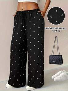 Vionelle Plus Size Casual Black Straight Leg Cropped Pants With Random Print And Pockets Woven Fabric - Black - View 1
