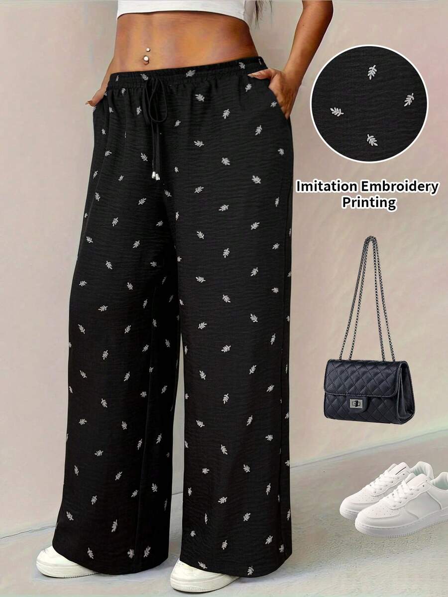 Vionelle Plus Size Casual Black Straight Leg Cropped Pants With Random Print And Pockets Woven Fabric - Black - View 1