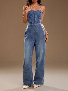TRNVIE Fashionable Casual Sexy Camisole Bustier Denim Jumpsuit - Medium Wash - View 3