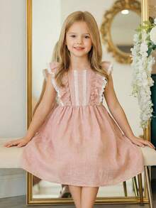 Elladie kids 1 pieza Vestido casual de princesa para niñas preadolescentes con mangas de encaje, hombros descubiertos, cintura elástica, tela ligera y decoración floral elegante para el verano - Rosa - Ver 8