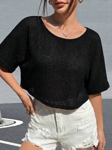 SHEIN EZwear 女士休闲纯色斜肩短款T恤 - 黑色 - 查看 5