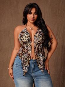 Rustia Plus Size Women Leopard Print Backless Halter Neck Sexy Fashion Tank Top - Coffee Brown - View 4