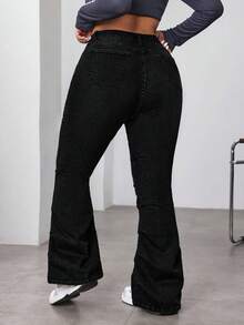 SHEIN ICON Quần jeans ống loe cạp cao màu trơn đơn giản, đa năng dành cho nữ cỡ lớn, thích hợp mặc hàng ngày đi làm. - màu đen - Xem 2