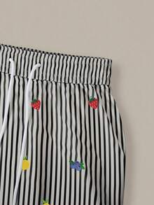 EMERY ROSE 草莓刺绣高品质两件套，竖条纹修身阔腿裤 - 黑與白 - 查看 3