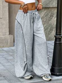 Muchica 女士休闲日常通勤时尚街头运动抽绳腰带撞色滚边宽松阔腿运动裤 - 灰色 - 查看 5