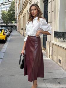 SHEIN PETITE CURVE Plus Size Petite Women's Elegant Burgundy PU Fabric Skirt,Elastic Waist A-Line Design For Autumn Everyday Concerts Parties Wedding Guests Birthdays - Burgundy - View 4