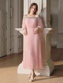 Anewsta Elegant One-Shoulder Ruched Waist Rhinestone Embellished Pink Dress, Women's New Year Party Long Sleeve Dress - Dusty Pink - View 6