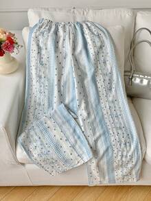 Comfortcana 女士条纹撞色格子松紧腰抽绳裤 - 藍色 - 查看 2