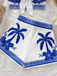 Soleia 休闲简约度假波西米亚风优雅浪漫复古蓝色花卉植物椰树印花图案，适合春夏穿着，舒适系带扭结抹胸露脐上衣和紧身短裤套装，大码女装 - 藍白色 - 查看 3