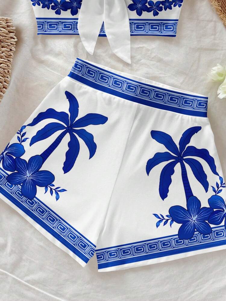 Soleia Conjunto de Top Cropped Bandeau com Amarração e Shorts Bodycon, Estampa de Árvore de Coco Floral Azul Retrô, Elegante, Romântico, Minimalista, Casual, Boêmio, Adequado para Primavera/Verão - Multicolorido - Visão 3