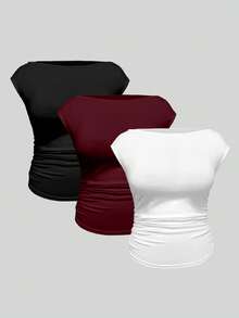 EMERY ROSE Plus Size 3 Pack Solid Color Boat Neck Cap Sleeve Side Ruched Slim Fitted Crop Tee Women Summer Basic Short Sleeve Blouse Tops - Multicolor - View 1