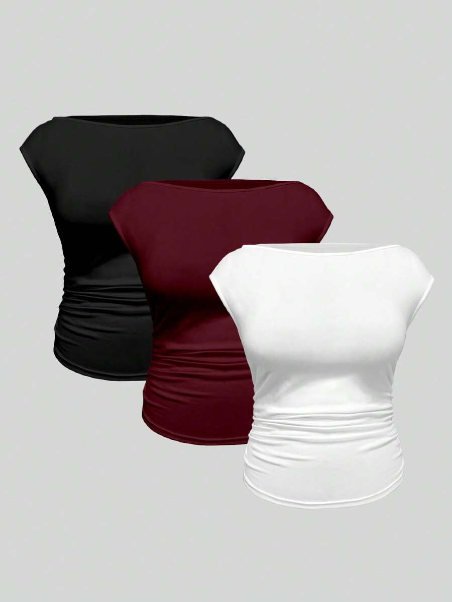 EMERY ROSE Plus Size 3 Pack Solid Color Boat Neck Cap Sleeve Side Ruched Slim Fitted Crop Tee Women Summer Basic Short Sleeve Blouse Tops - Multicolor - View 1