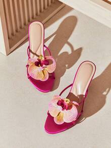 SHUZIA Giày sandal nữ cao gót, mũi tròn, họa tiết hoa lan, nhiều quai, chất liệu satin màu hồng fuchsia – Sang trọng, thanh lịch và thu hút ánh nhìn. - Màu Hồng Tươi - Xem 2