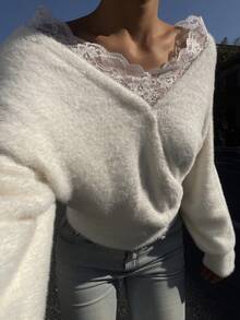 DAZY Women's Lace Patchwork V-Neck Fitted Long Sleeve White Sweater - White - View 1
