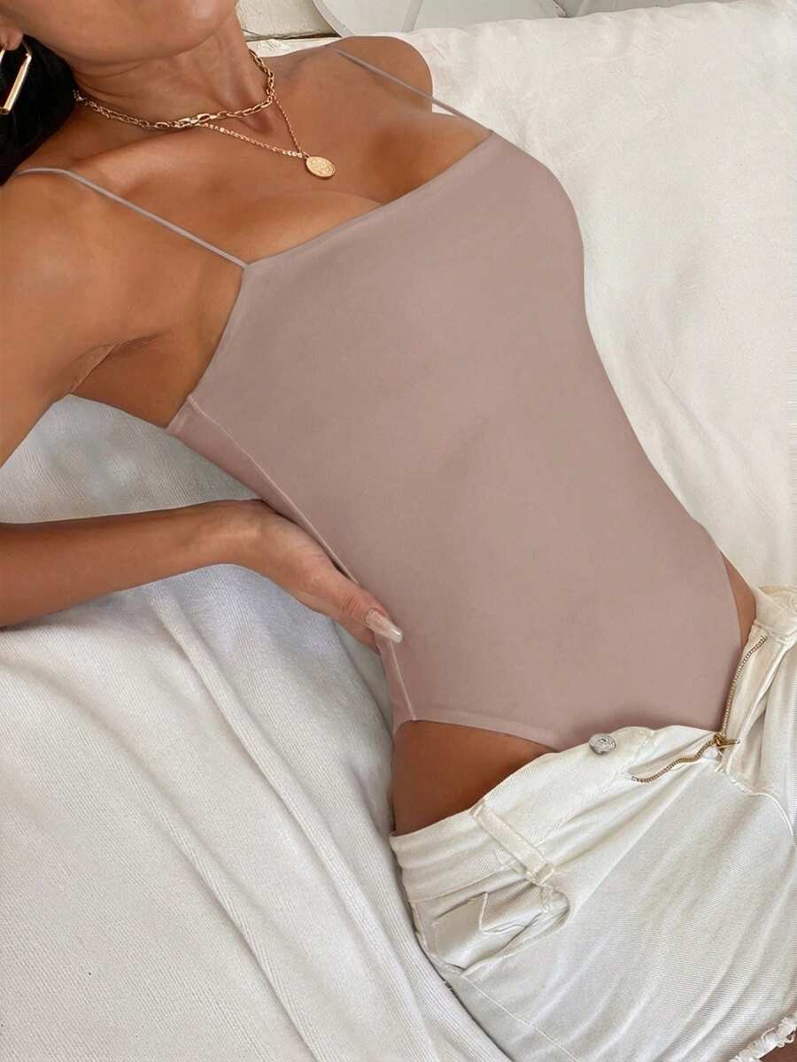 GENKIRA Women Summer Solid Skinny Cami Bodysuit - Dusty Pink - View 1