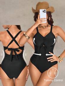 Shapewave 2022夏季度假沙滩收腹褶皱优雅连体泳衣，黑色 - 黑色 - 查看 1