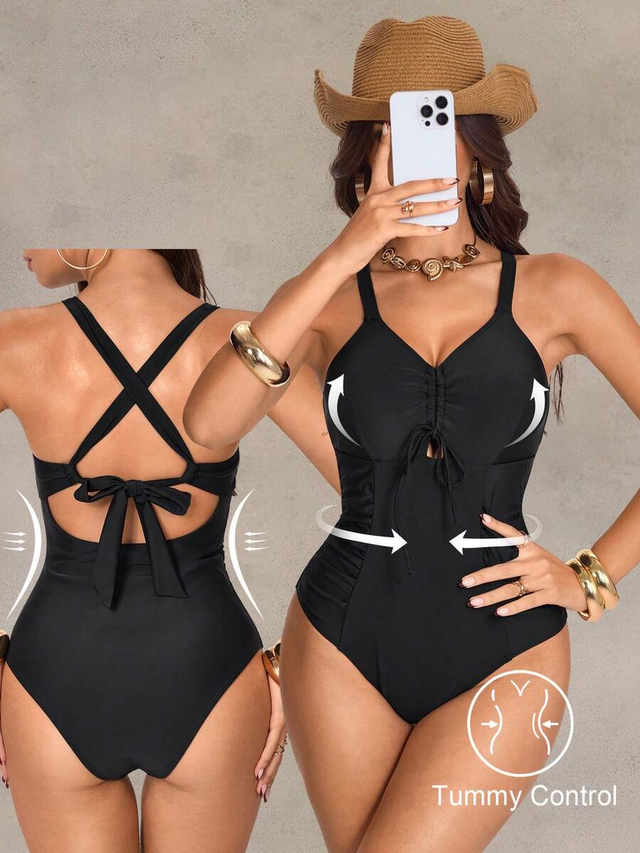 Shapewave 2022夏季度假沙滩收腹褶皱优雅连体泳衣，黑色 - 黑色 - 查看 1