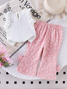 2pcs Baby Girls Knitted Textured Fabric Ruffle Trim Floral Top And Pants Set, Sweet Jacquard, Casual Summer Outfit - Pink - View 2