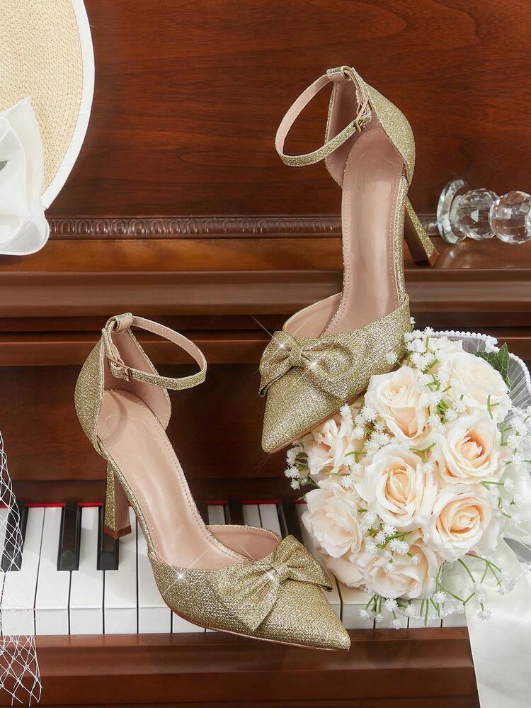 CUCCOO HITCHD Women's Pointed Toe Bow Decor Buckle Design Everyday Versatile Fashion High Heels Wedding Shoes Spring Shoes Bride Shoes