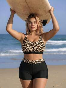 SHEIN Swim SPRTY Plus Size Leopard Print Bikini Set, Beach & Holiday Bikini Set - Multicolor - View 4