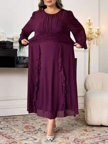 SHEIN CURVE+ Đầm dài tay màu trơn cỡ lớn thanh lịch, đơn giản và thời trang, mặc thường ngày, đầm dài màu tím/2026/Năm mới - Màu tím - Xem 3