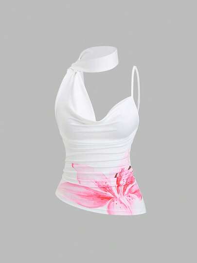 Sweetra 女士复古印花荷叶边优雅度假风百搭舒适露脐上衣，春夏款