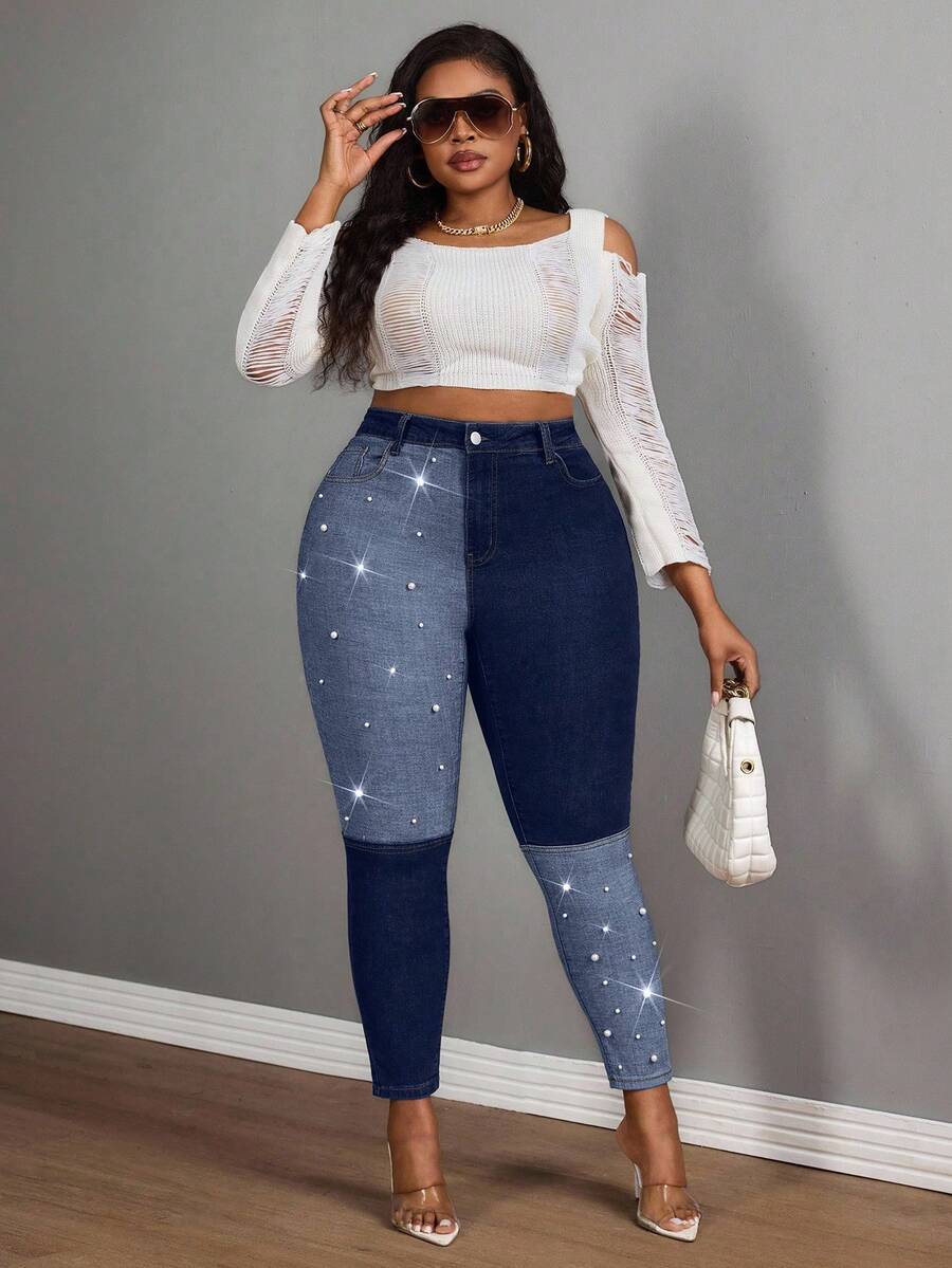 Slaydiva سراويل جينز نسائية سكيني مخصصة بتصميم فني مبتكر مزينة باللؤلؤ، لون أسود، مقاسات كبيرة، مناسبة للنساء في موسم الخريف وحفلات الرعاة - أزرق داكن - مشاهدة 1