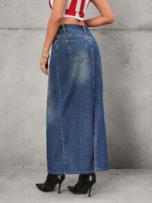 SHEIN ICON 女士休闲水洗长款牛仔裙 - 深色水洗藍 - 查看 2