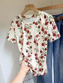 SHEIN Frenchy Women's Red And White Letter Print Round Neck Short Sleeve T-Shirt,Summer Vintage Everyday Retro Style Heat Transfer Heart Texture Soft Fabric Top - Multicolor - View 1