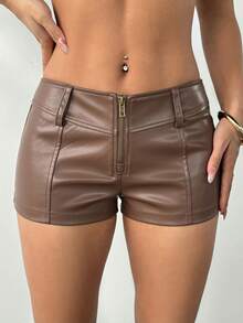 SHEIN PETITE Quần short nữ màu trơn, khóa kéo phía trước, kiểu dáng thường ngày, quần short siêu ngắn màu nâu. - Màu nâu  Mocha - Xem 9