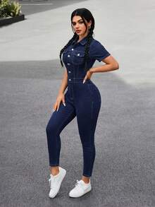 SHEIN PETITE Women's Summer Fashion Button Half-Zip Skinny Denim Jumpsuit - Dark Wash - View 6