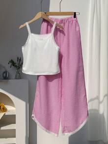 2-Piece Teen Girls Casual Summer Lace-Trim Camisole And Striped Bow Wide-Leg Pants Non-Fleece Lightweight Commuting Outdoor Daily Multi-Scene Set