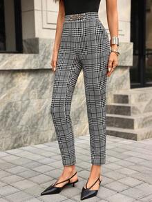 Editum 女士新款优雅高腰显瘦格子针织弹力修身口袋裤，适合工作及多种场合穿着 - 黑與白 - 查看 5