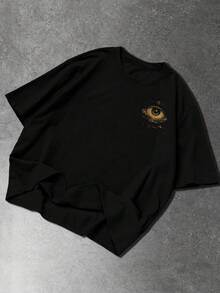 Manfinity LEGND 男士时尚休闲通勤款眼睛字母印花短袖黑色T恤，夏季 - 黑色 - 查看 2