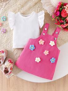 2pcs Baby Girls' Knitted Ribbed Ruffle Sleeve Top And Crochet Flower Strap Dress Set, Cute And Sweet Casual Summer Cartoon Outfit - White - View 7