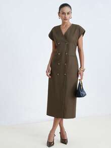Aveloria Modichic French Elegant Style, Button Decor, Refined Office Lady Vibe Sleeveless Fitted Long Dress - Mocha Brown - View 5