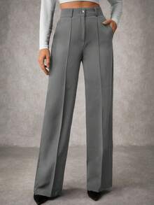 EURMUSE Women's Solid Pleated Seam Detailed Suit Pants - Grey - View 3
