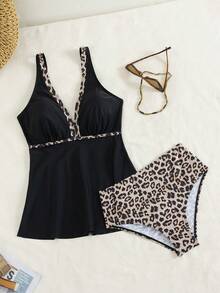 Swim Lushoire Women's Beach Music Festival Leopard Print Patchwork V-Neck Wide Strap Flowy High Waist Swimsuit Two Pieces Set, Spring/Summer - Multicolor - View 3