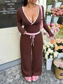 GalTyme 大码撞色性感长袖上衣和裤子两件套 - 咖啡棕 - 查看 5