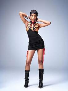 Y2Kool Vecteezy Women's Black And Gold New Chinese Style Sexy Minidress Y2K Dragon Pattern Contrast Print Simple Casual Sleeveless Tie-Front Drawstring Mini Dress - Black - View 1