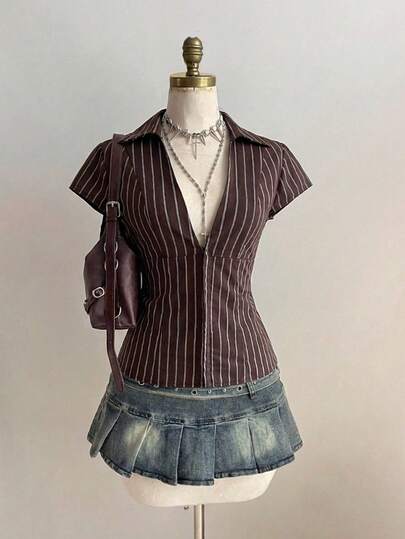 Attitoon Women's Brown Vintage Striped Waist Cinching Short Sleeve Shirt, Suitable For Outings, Y2K, Beach, Parties, Weddings, Birthdays, Vacations, Chic, Music Festivals, Western, Festivals, Streetwear, Goth, Valentine's Day, Spring To Summer