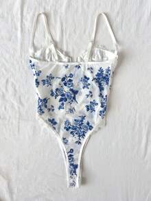 Soleia 女士度假风蓝白花卉印花蕾丝边束胸连体衣，带支撑骨架，适合派对、情人节、约会、下午茶、海滩游轮、嘉年华、春夏假期等场合。 - 藍白色 - 查看 2