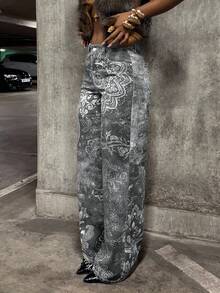 StreetHx Jeans a vita bassa con gamba dritta e stampa floreale, stile streetwear - nero - Visualizzare 6